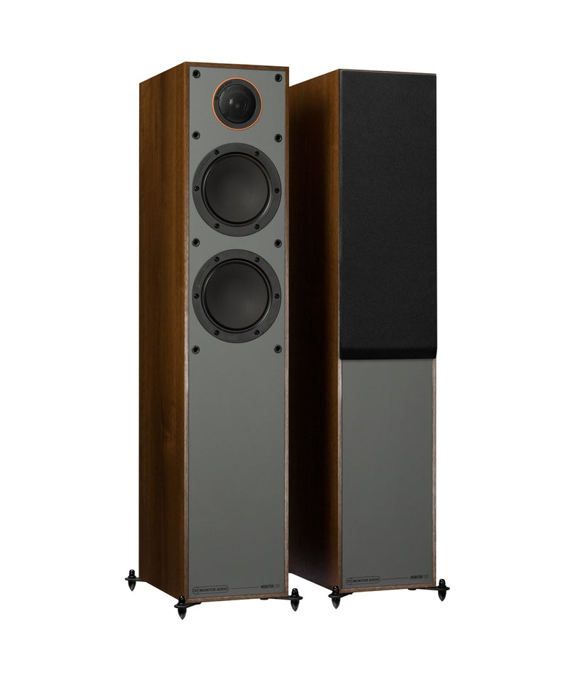 speakers, floorstanding speakers, monitor audio brand, monitor 200, satin walnut finish, speakers sideview