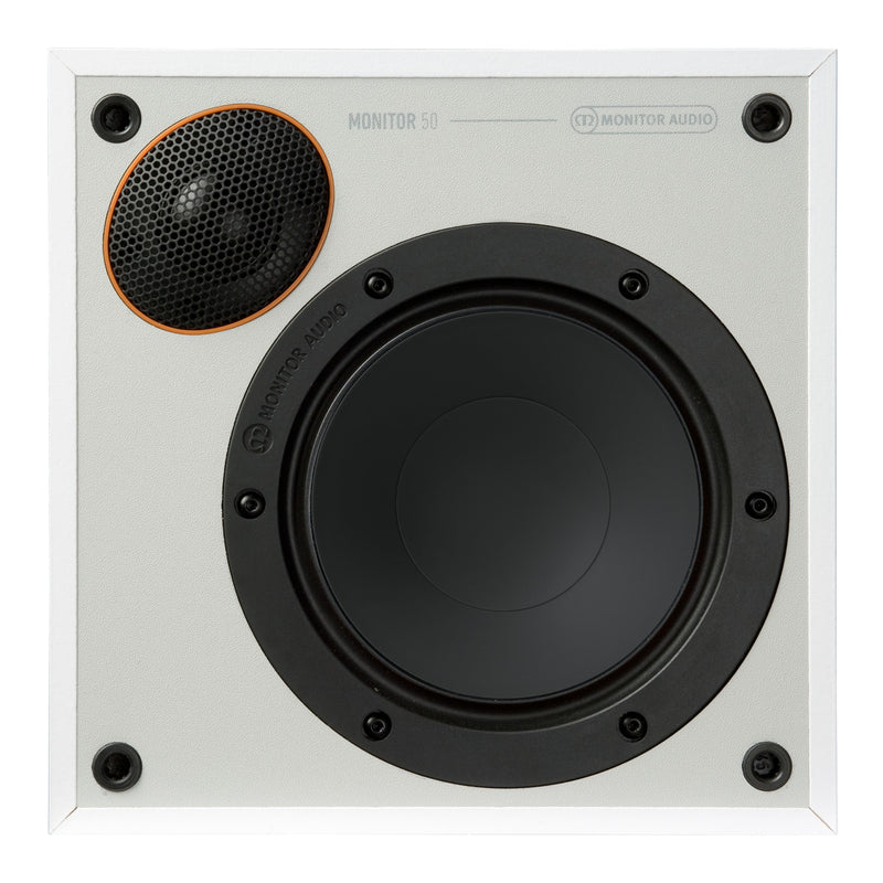 speakers, tabletop speakers, monitor audio brand, monitor 50, satin white finish, speakers front view