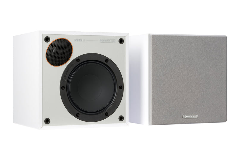 speakers, tabletop speakers, monitor audio brand, monitor 50, satin white finish, speakers sideview