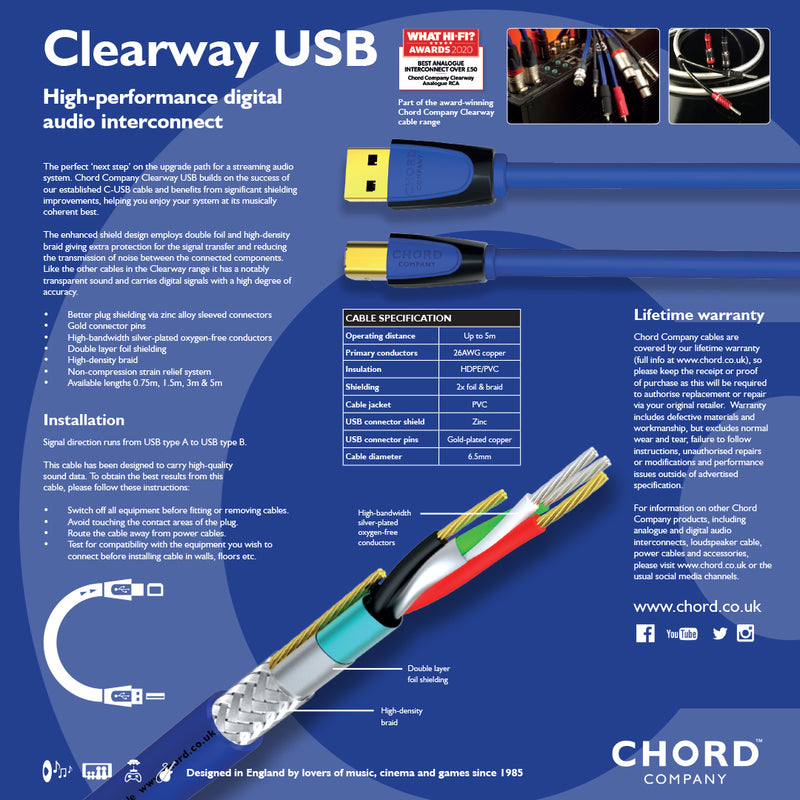Chord Co - Clearway USB (A à B) 1,5 mètre